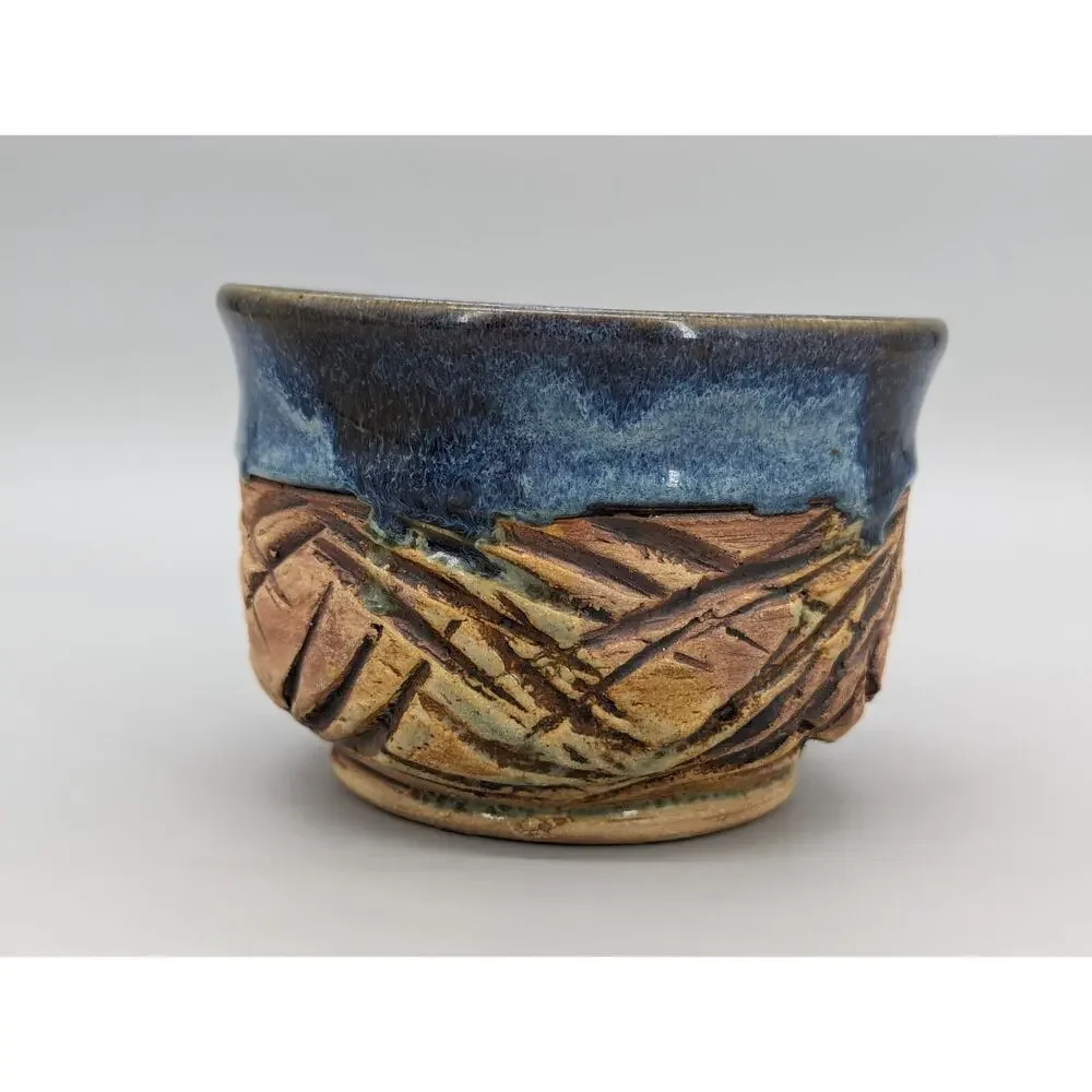 Mid Century Modern Pottery Craft Stoneware Bowl Incised Geometric Bowl 5.5